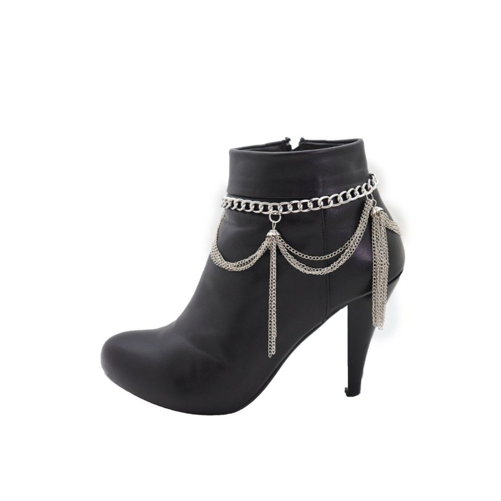 Women Silver Metal Chain Boot Bracelet Miami Beach Shoe Tassel Fringe Charms